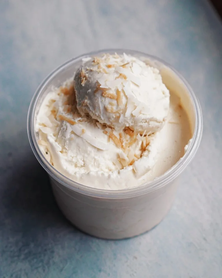 Delicious Protein Coconut Ice Cream in a bowl, healthy dessert option.