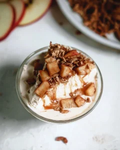 Protein ice cream apple pie topped with cinnamon and whipped cream