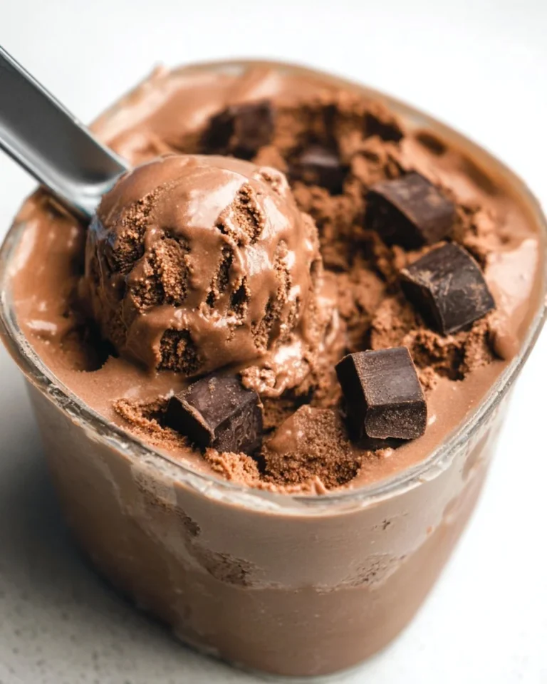 Protein ice cream brownie batter flavor in a bowl with a scoop