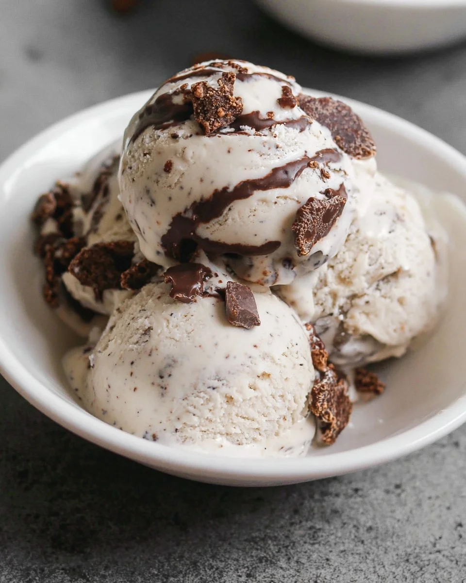 Protein Ice Cream Moose Tracks flavor with chocolate swirls and peanut butter cups