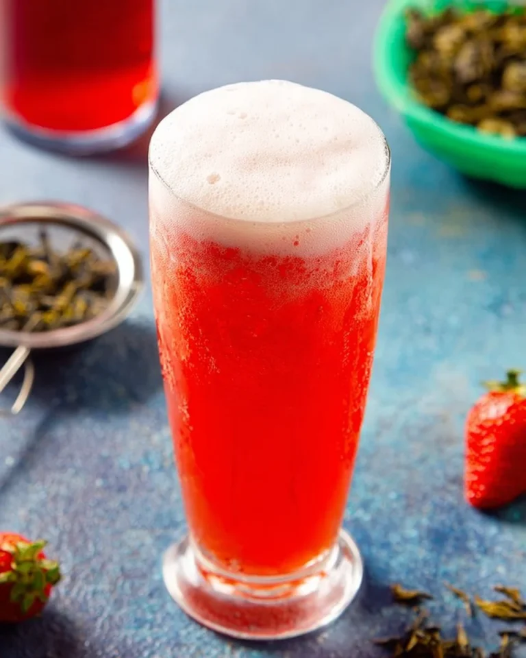 A refreshing glass of Strawberry Cheese Tea topped with whipped cheese foam.