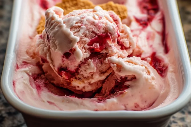Delicious strawberry cheesecake ice cream served in a bowl with fresh strawberries