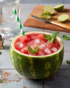 Refreshing watermelon mojito cocktail with mint and lime on a summer day