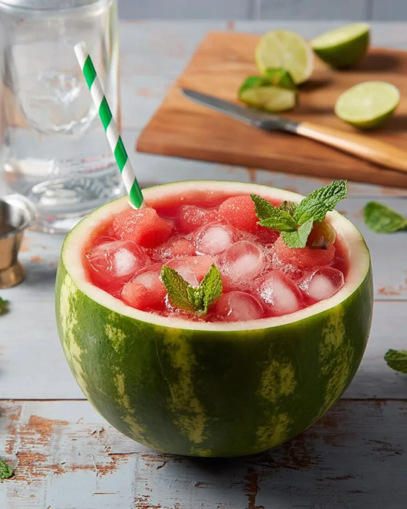 Refreshing watermelon mojito cocktail with mint and lime on a summer day