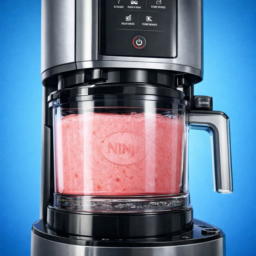 Ninja Creami maker with icy ice cream and ingredients for perfect texture